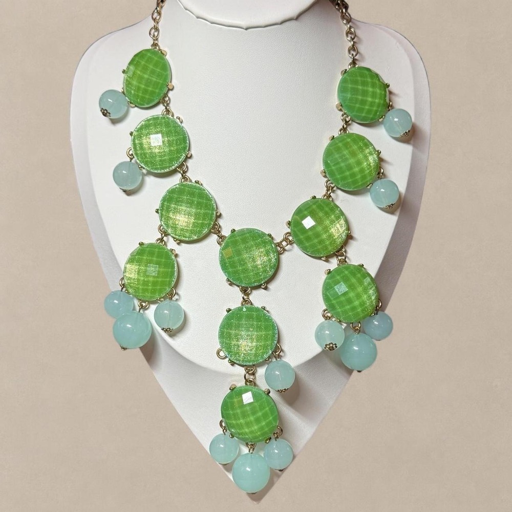 Y2K Green Aqua Statement Bib Necklace Chunky Beaded Mod Jewelry
